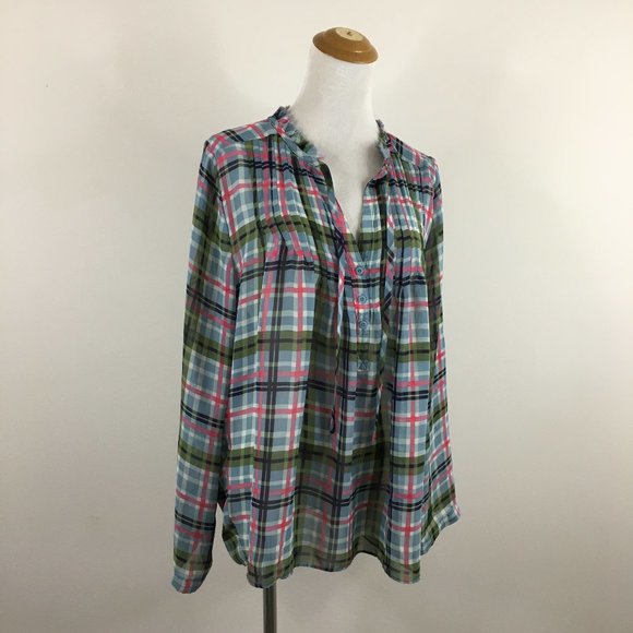 LC LAUREN CONRAD Multi-Color Plaid Pleats Fray Tie Collar Sheer Shirt - Picture 1 of 9